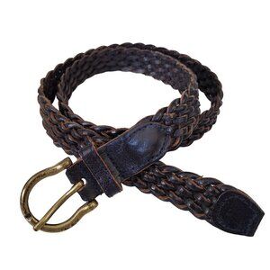 Vintage Braided Black Leather Belt Brass Buckle Made in Thailand